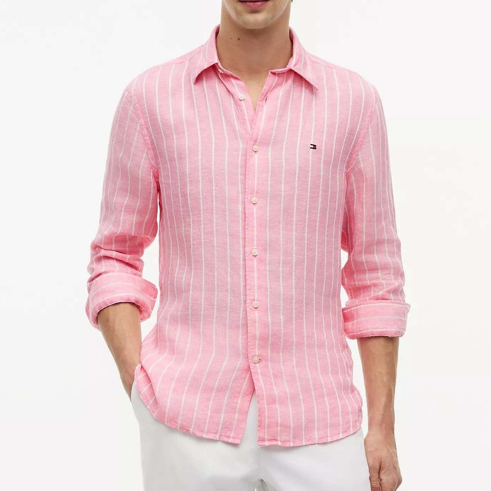 NWT Tommy Hilfiger Men's L Pink Button Down Shirt Linen Striped Regular Fit